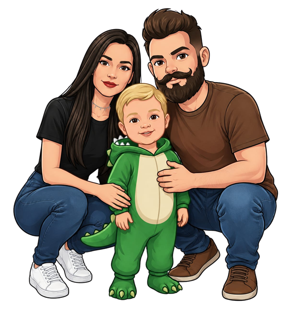 Caricatura da família: pai, mãe e o Niko de dinossauro